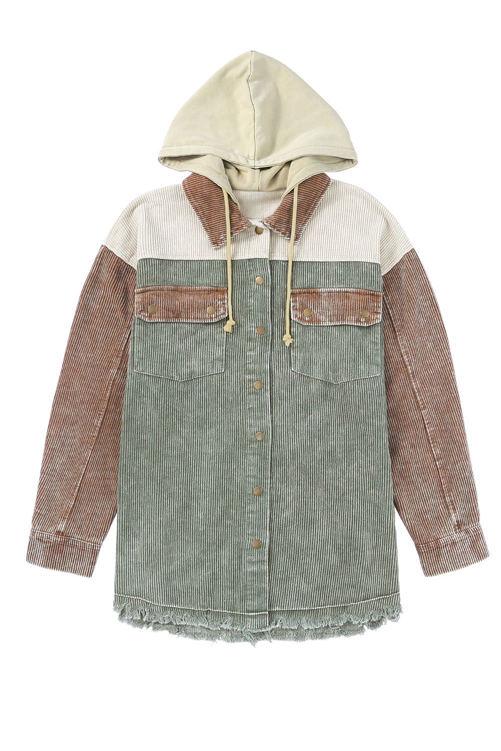 Khaki Patchwork Raw Hem Hooded Corduroy Jacket - Vesteeto