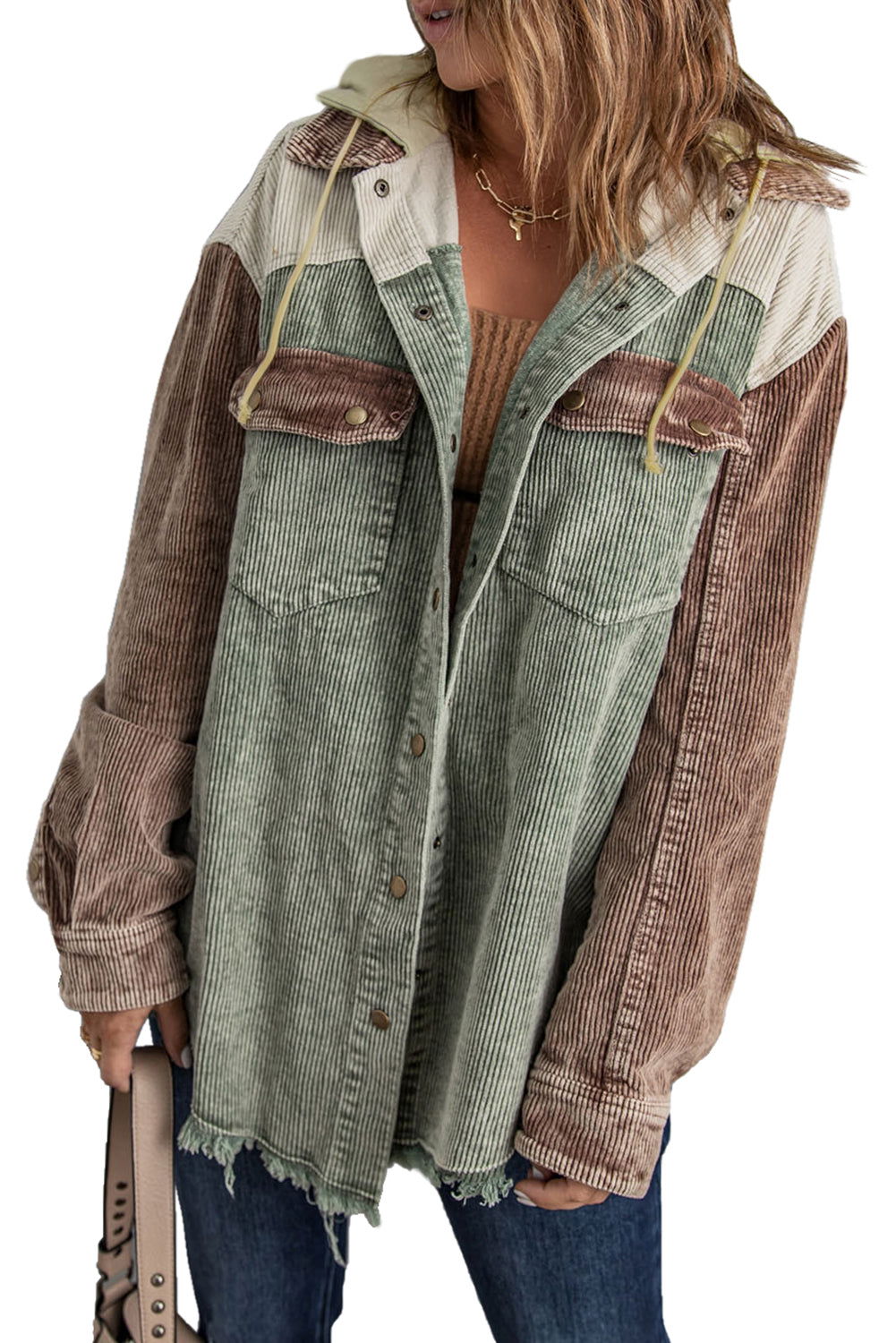 Khaki Patchwork Raw Hem Hooded Corduroy Jacket - Vesteeto