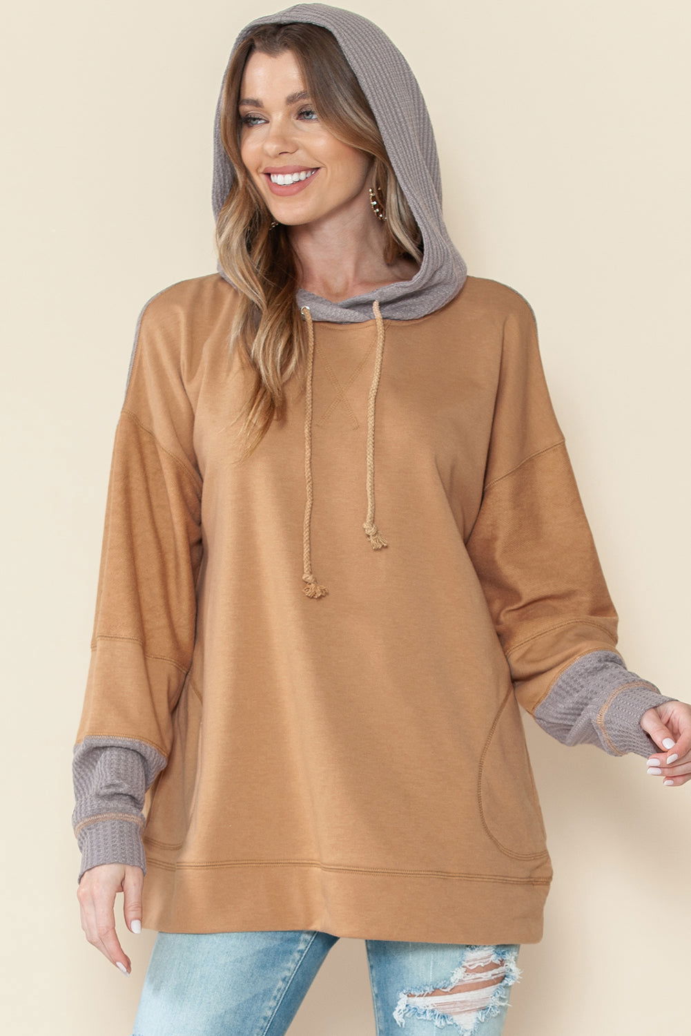 Khaki Patchwork Side Pockets Drawstring Hoodie - Vesteeto