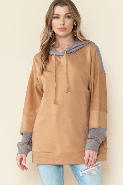 Khaki Patchwork Side Pockets Drawstring Hoodie - Vesteeto