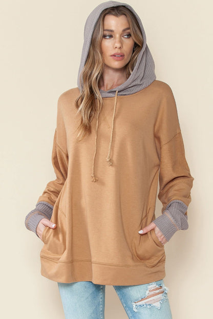 Khaki Patchwork Side Pockets Drawstring Hoodie - Vesteeto