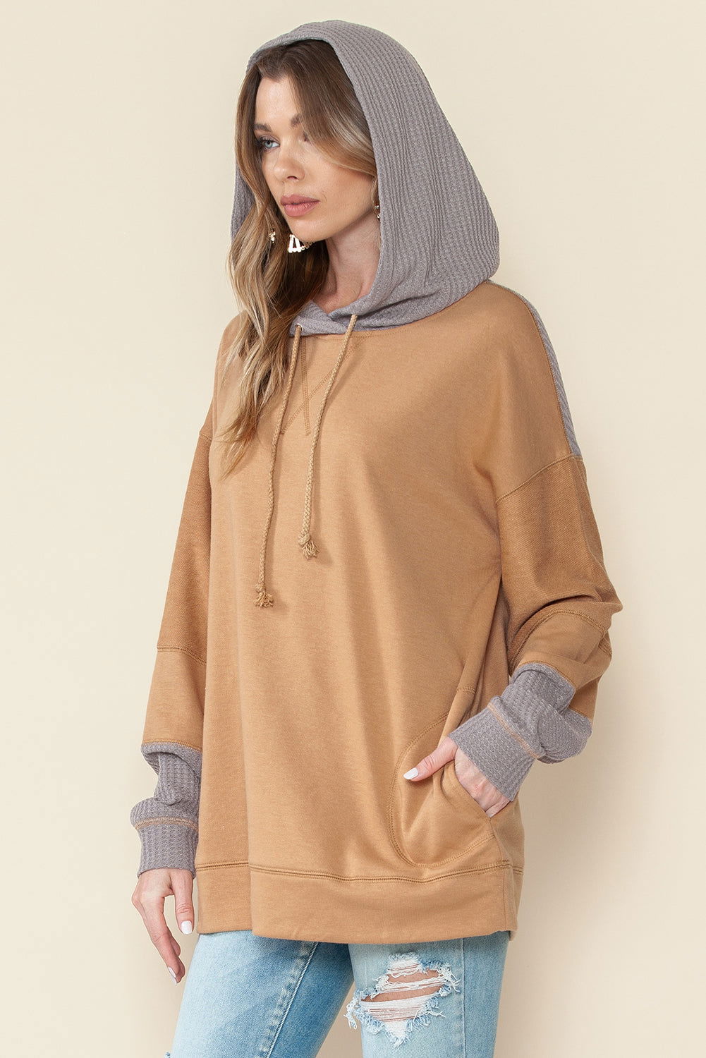 Khaki Patchwork Side Pockets Drawstring Hoodie - Vesteeto