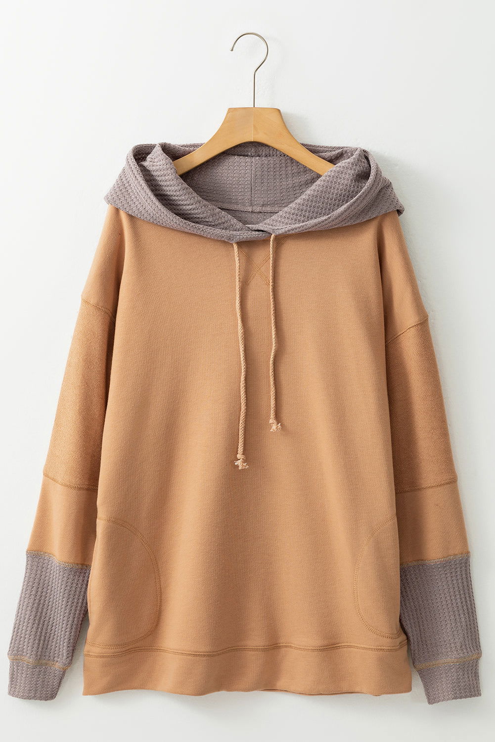 Khaki Patchwork Side Pockets Drawstring Hoodie - Vesteeto