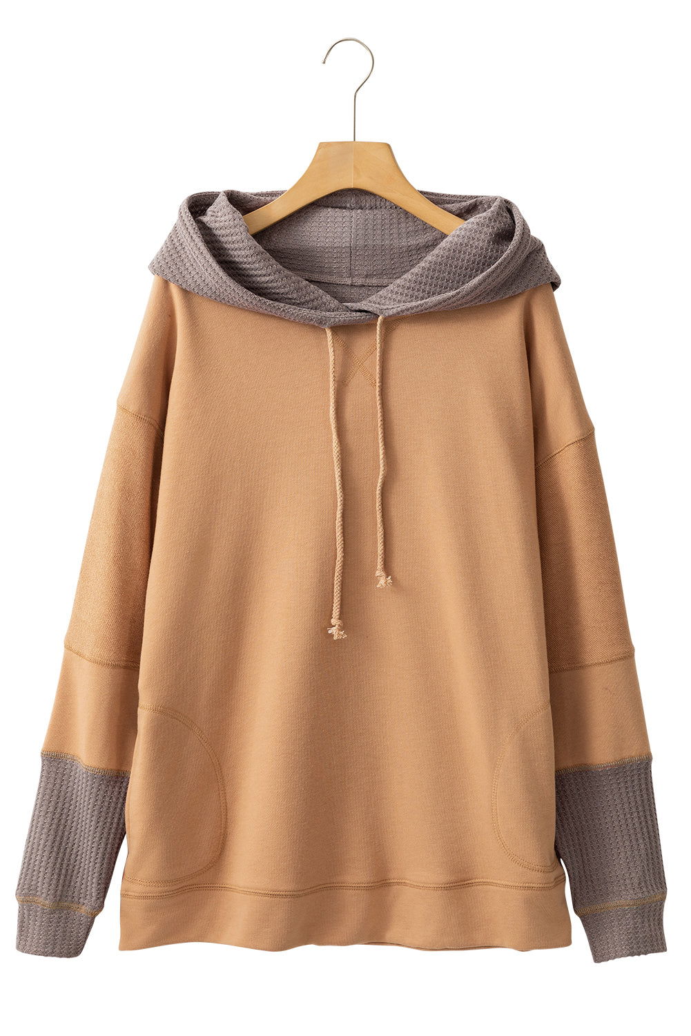 Khaki Patchwork Side Pockets Drawstring Hoodie - Vesteeto