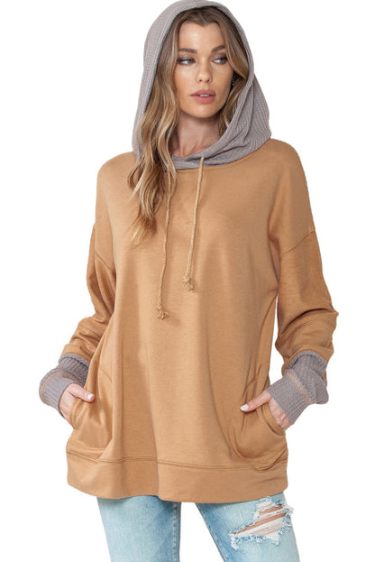 Khaki Patchwork Side Pockets Drawstring Hoodie - Vesteeto