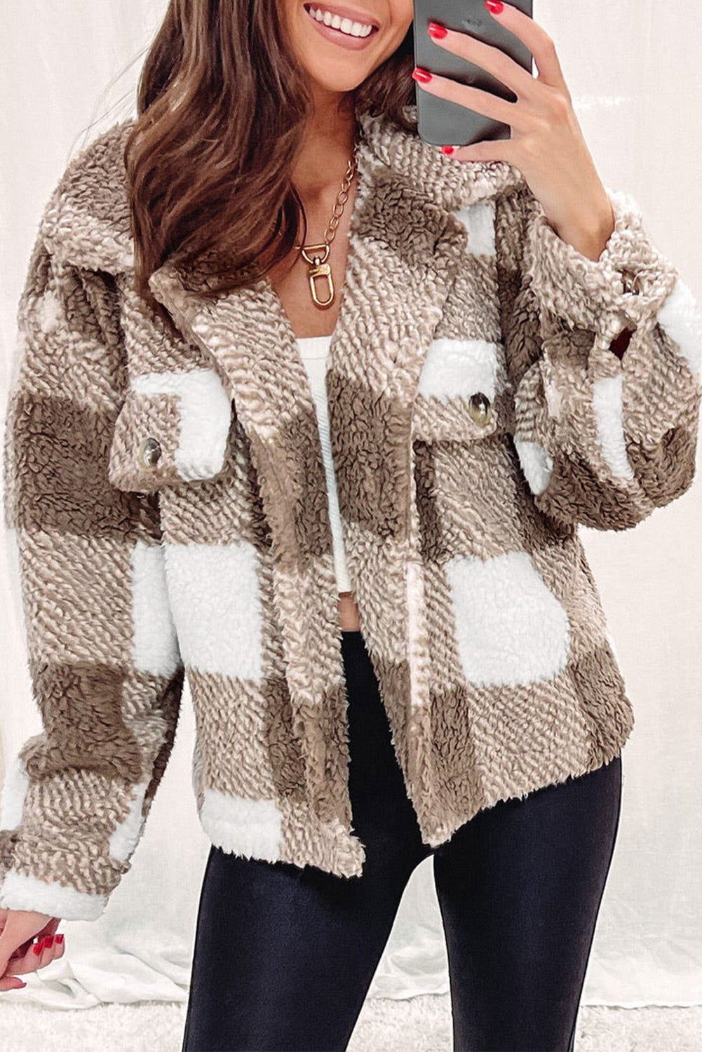 Khaki Plaid Buttoned Collared Sherpa Jacket - Vesteeto