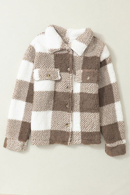 Khaki Plaid Buttoned Collared Sherpa Jacket - Vesteeto