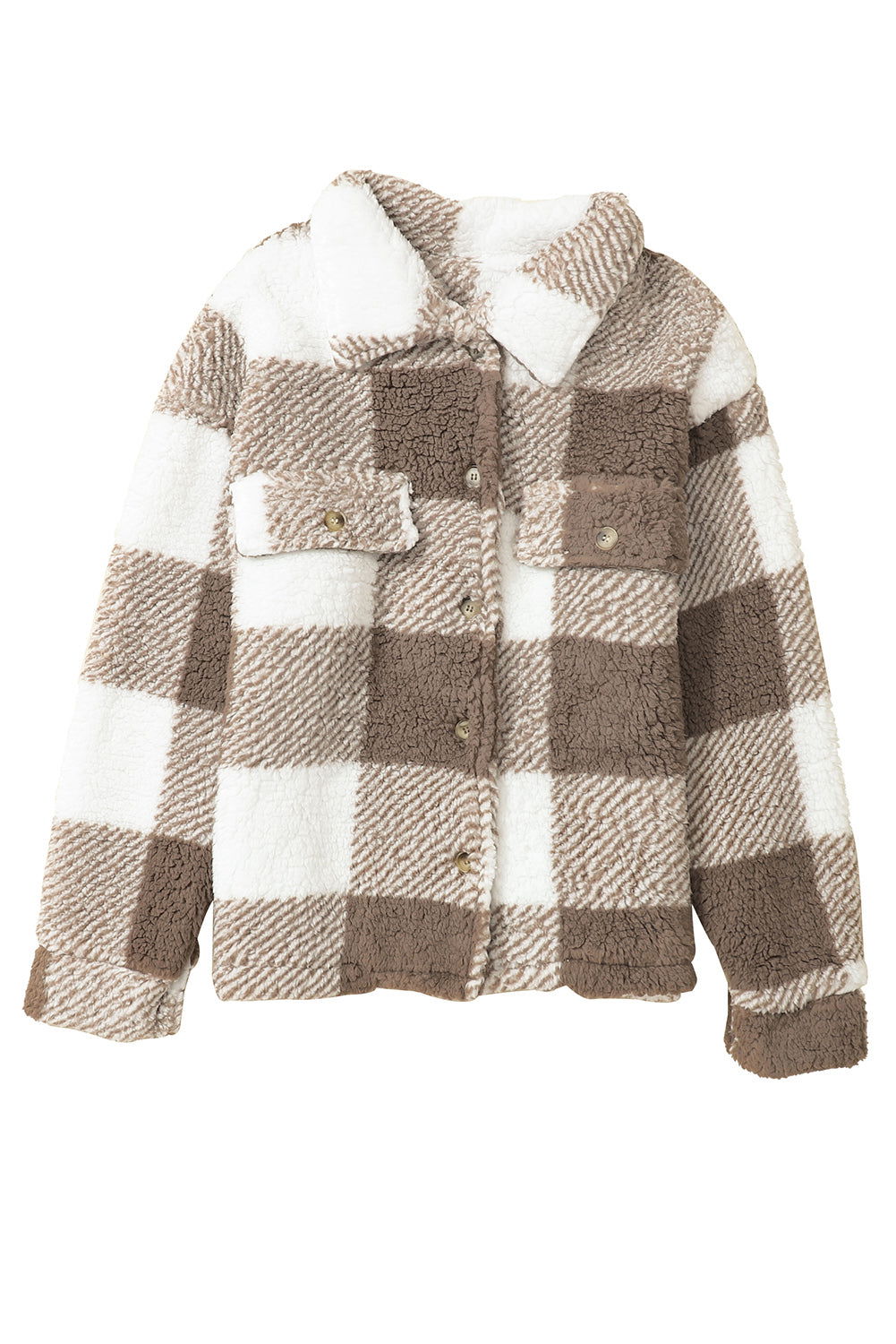 Khaki Plaid Buttoned Collared Sherpa Jacket - Vesteeto