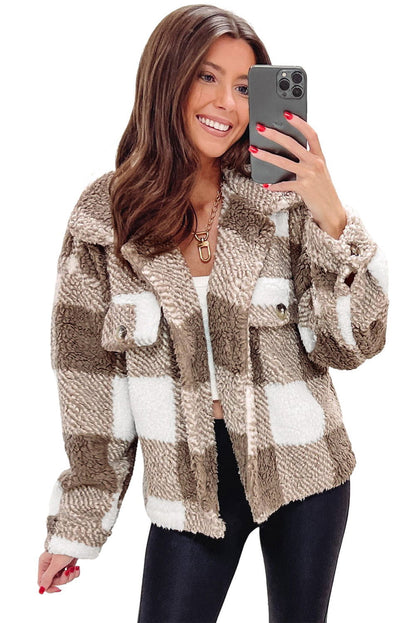 Khaki Plaid Buttoned Collared Sherpa Jacket - Vesteeto