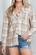 Khaki Plaid Removable Hooded Button Up Jacket - Vesteeto