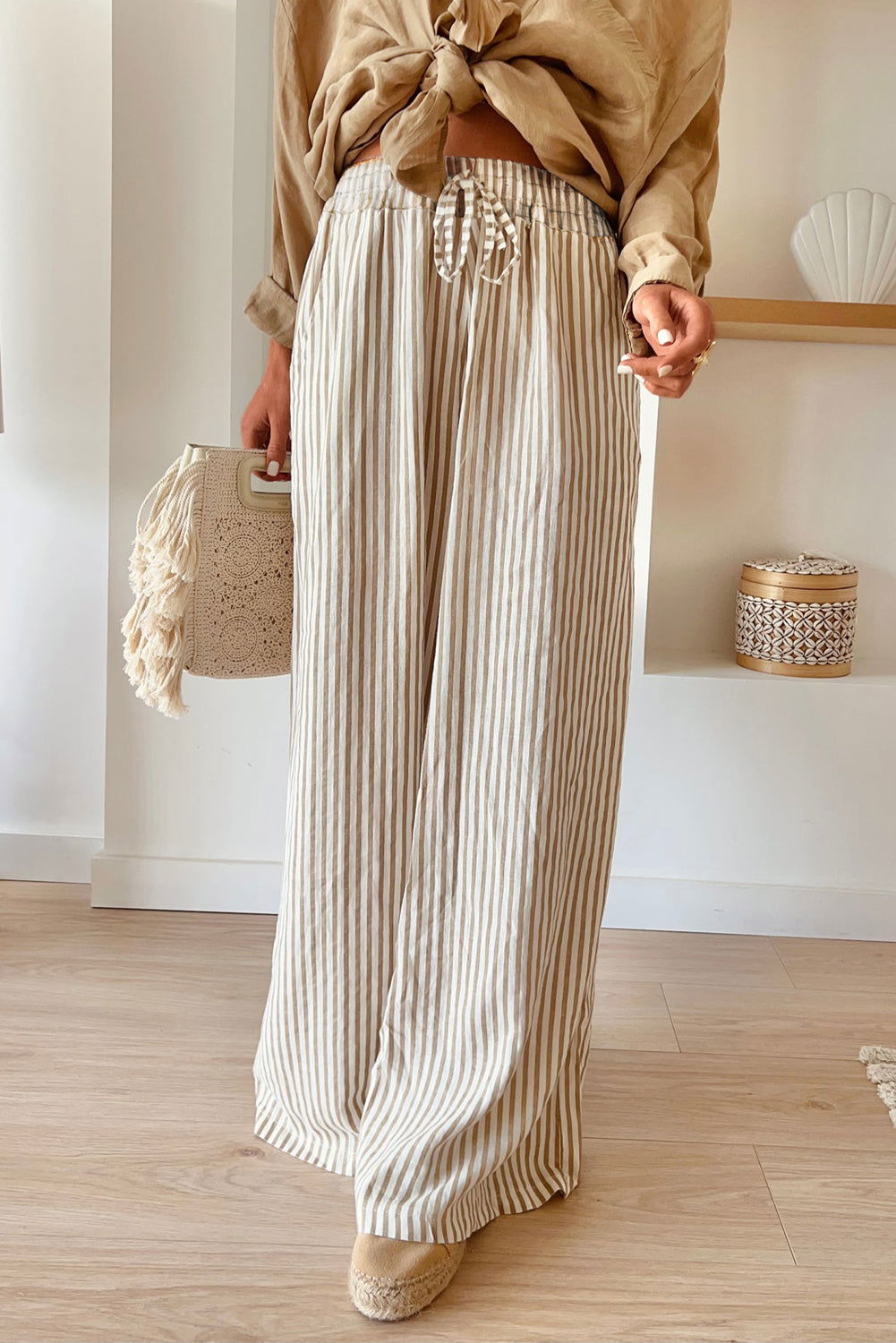 Khaki Striped Drawstring Waist Loose Pants - Vesteeto