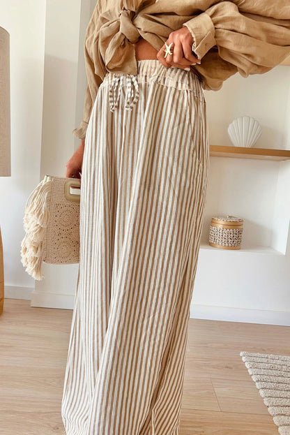 Khaki Striped Drawstring Waist Loose Pants - Vesteeto