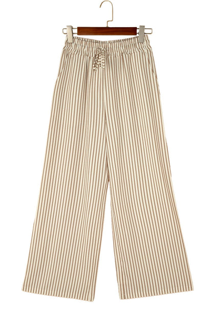 Khaki Striped Drawstring Waist Loose Pants - Vesteeto