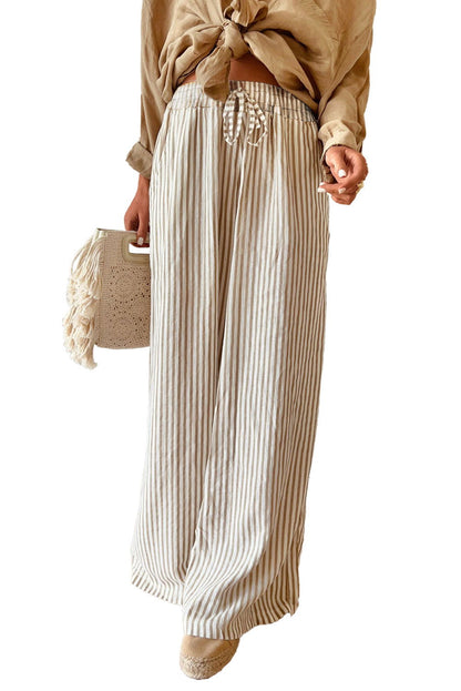 Khaki Striped Drawstring Waist Loose Pants - Vesteeto