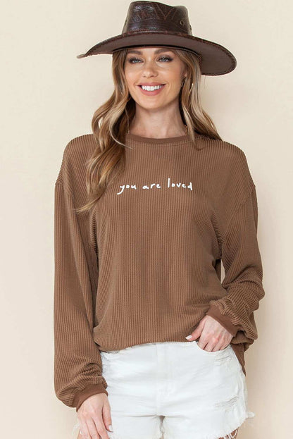 Khaki You Are Loved Print Crinkle Rib Sweatshirt - Vesteeto