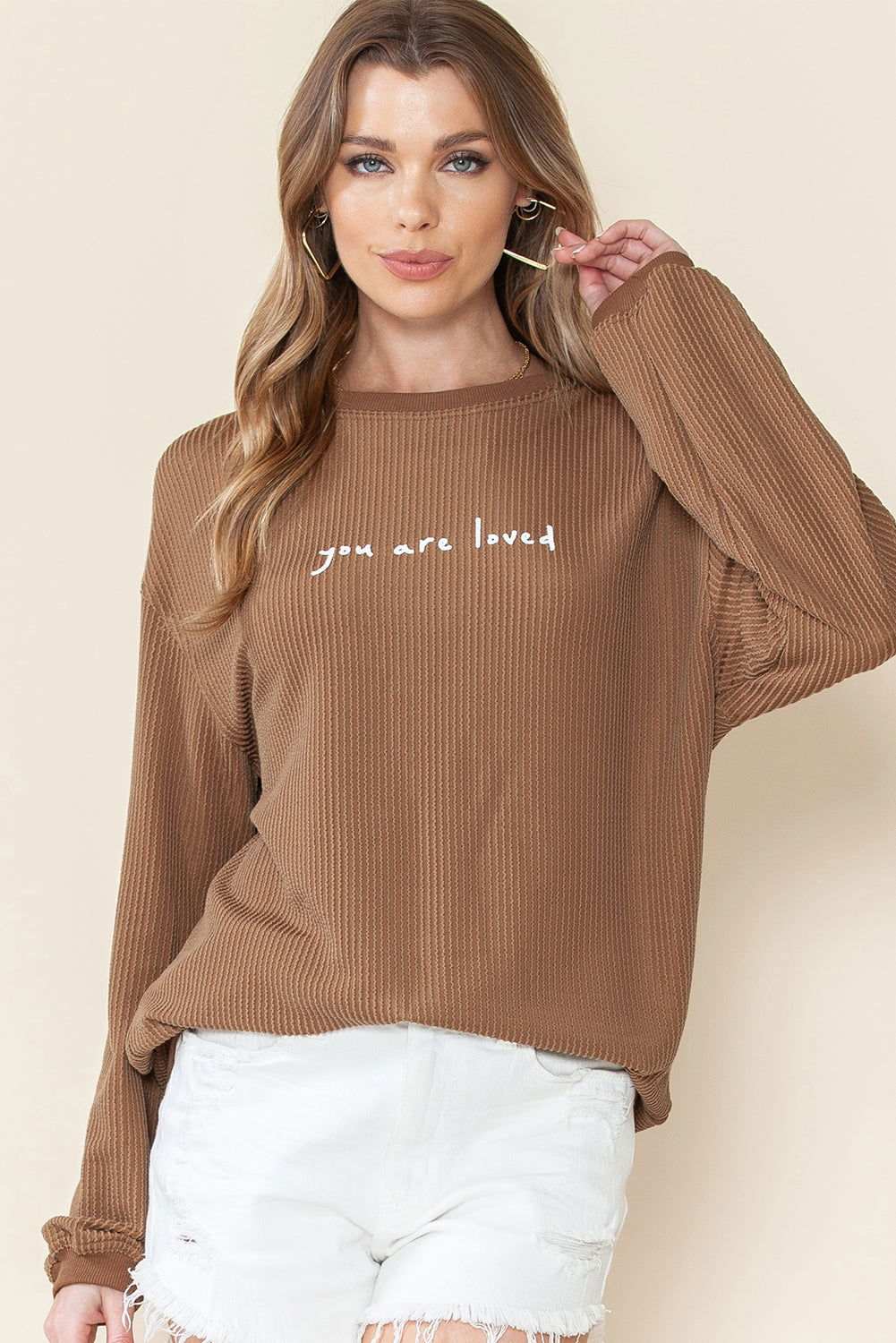 Khaki You Are Loved Print Crinkle Rib Sweatshirt - Vesteeto