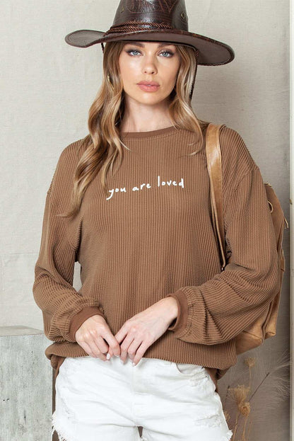 Khaki You Are Loved Print Crinkle Rib Sweatshirt - Vesteeto