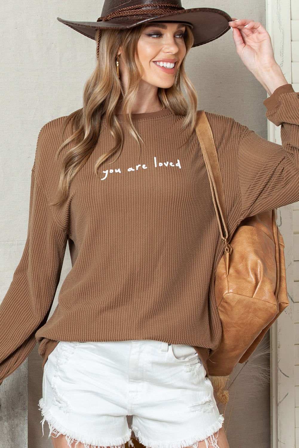 Khaki You Are Loved Print Crinkle Rib Sweatshirt - Vesteeto