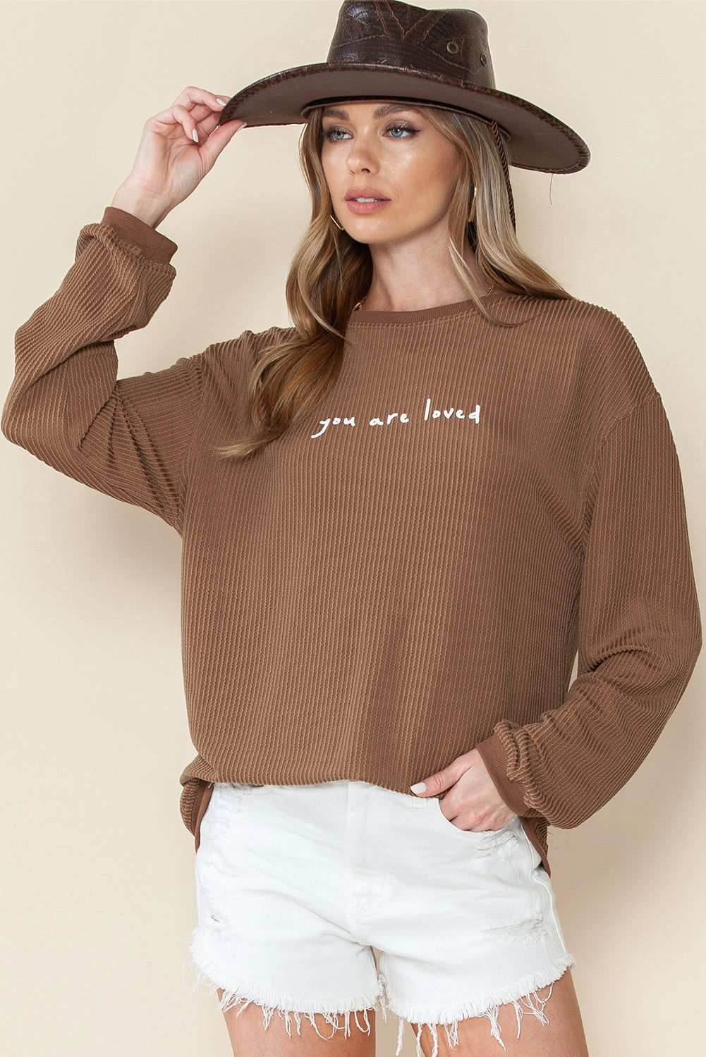 Khaki You Are Loved Print Crinkle Rib Sweatshirt - Vesteeto