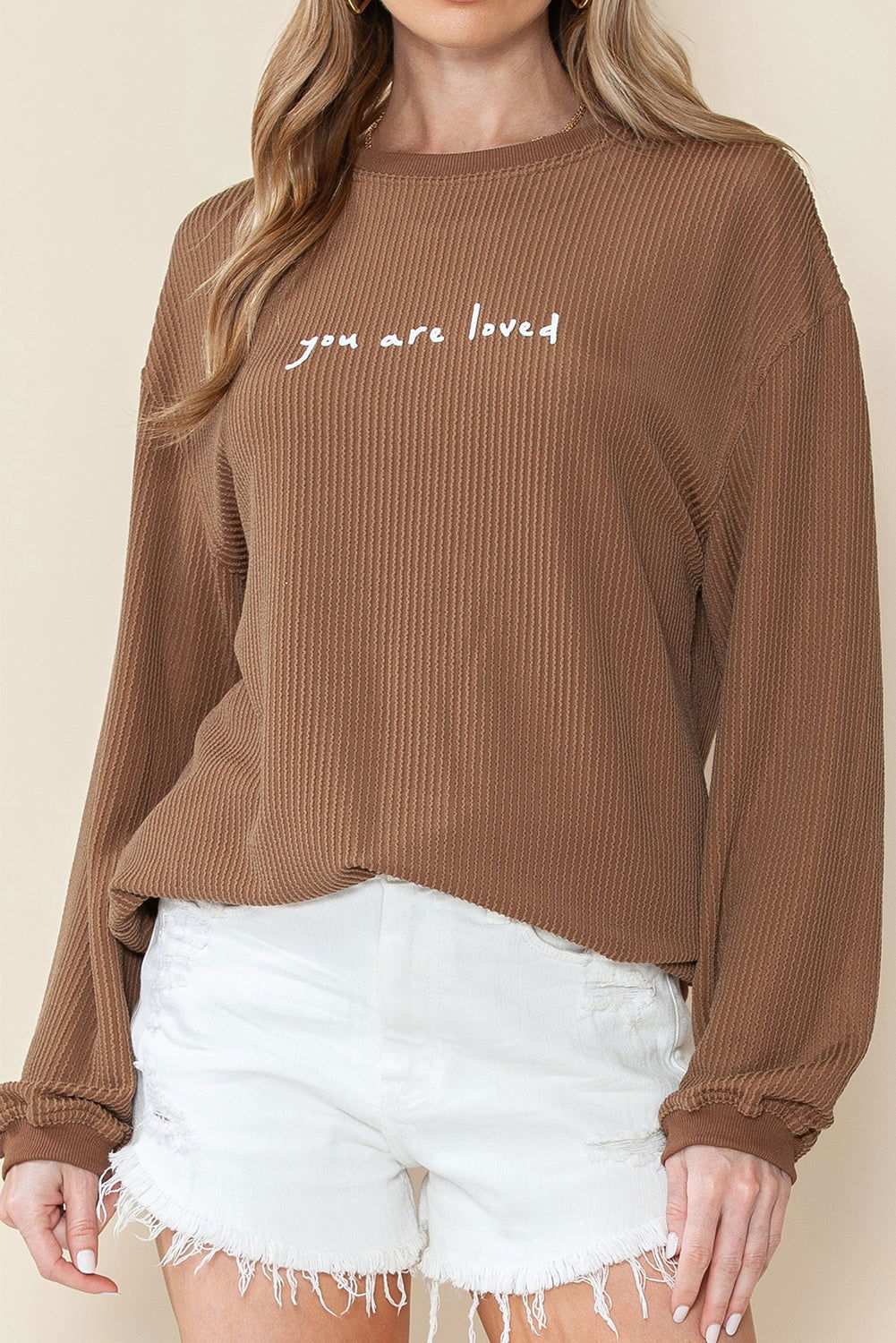 Khaki You Are Loved Print Crinkle Rib Sweatshirt - Vesteeto