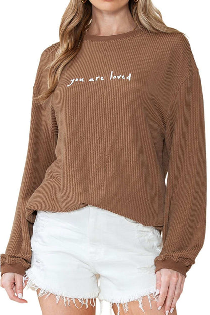 Khaki You Are Loved Print Crinkle Rib Sweatshirt - Vesteeto