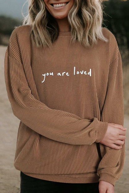 Khaki You Are Loved Print Crinkle Rib Sweatshirt - Vesteeto