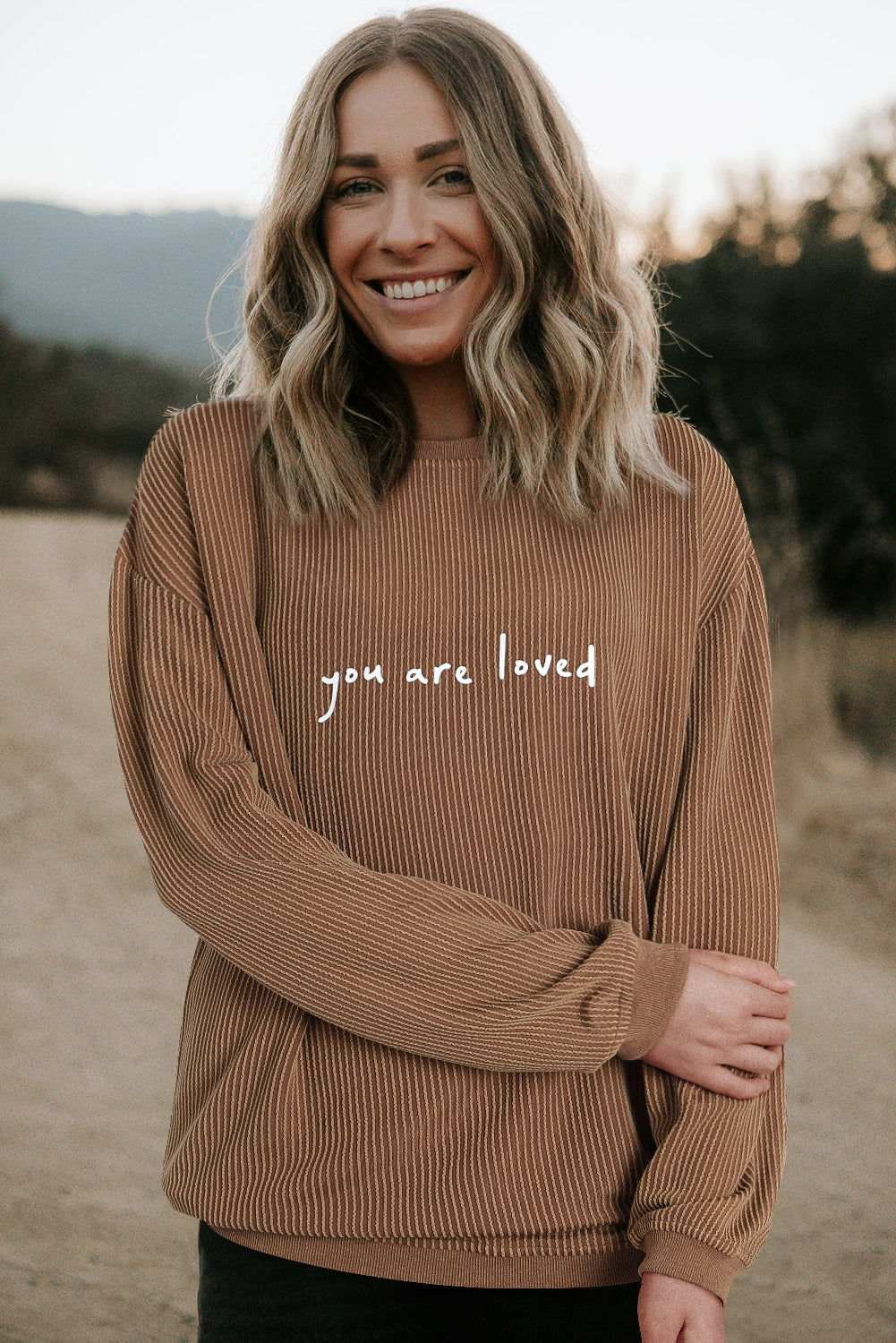 Khaki You Are Loved Print Crinkle Rib Sweatshirt - Vesteeto