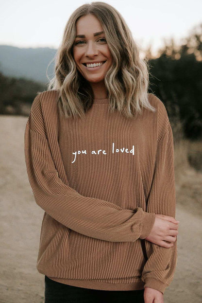 Khaki You Are Loved Print Crinkle Rib Sweatshirt - Vesteeto