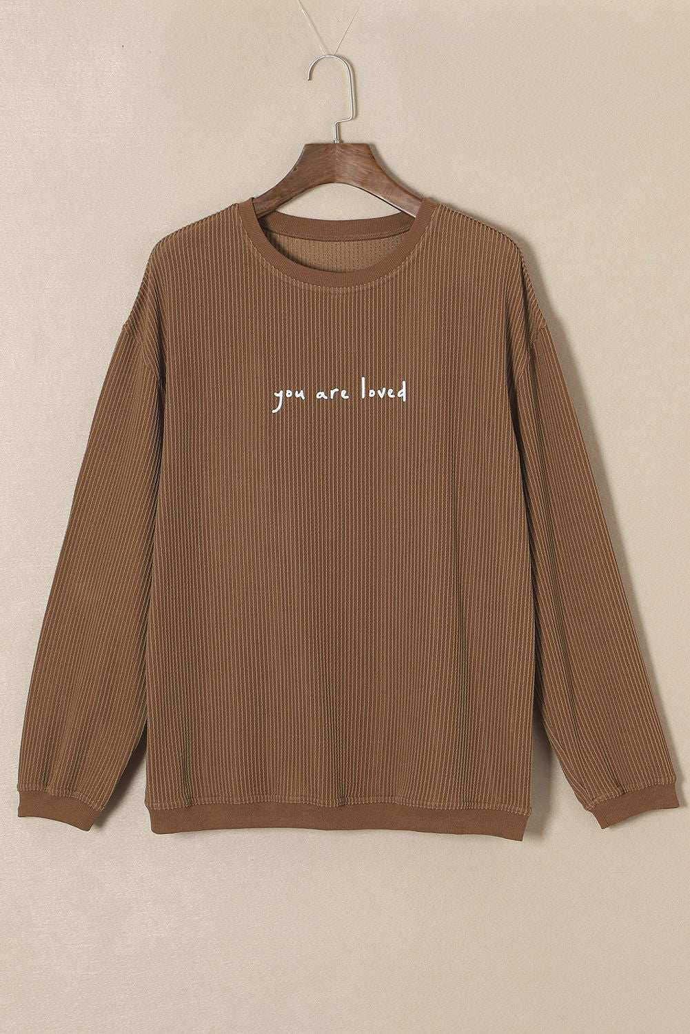 Khaki You Are Loved Print Crinkle Rib Sweatshirt - Vesteeto