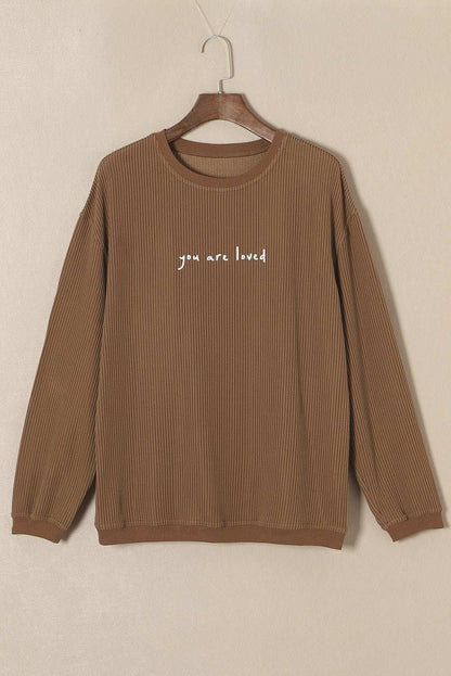 Khaki You Are Loved Print Crinkle Rib Sweatshirt - Vesteeto