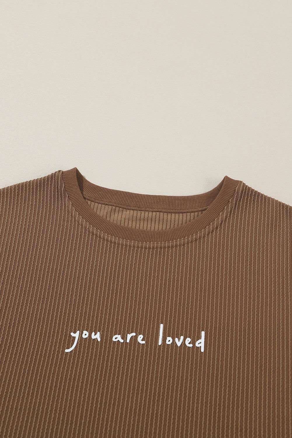 Khaki You Are Loved Print Crinkle Rib Sweatshirt - Vesteeto