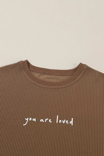 Khaki You Are Loved Print Crinkle Rib Sweatshirt - Vesteeto