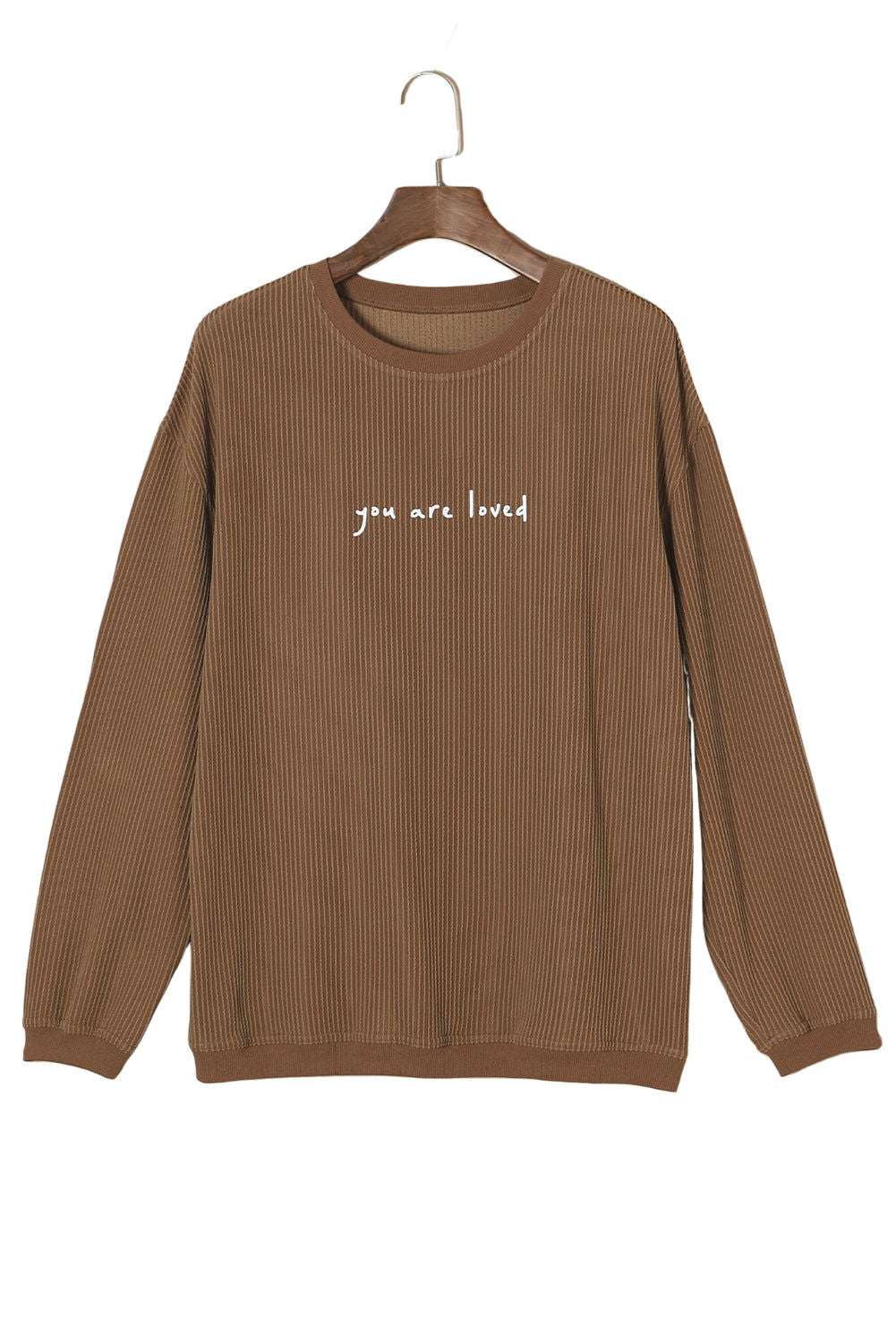 Khaki You Are Loved Print Crinkle Rib Sweatshirt - Vesteeto