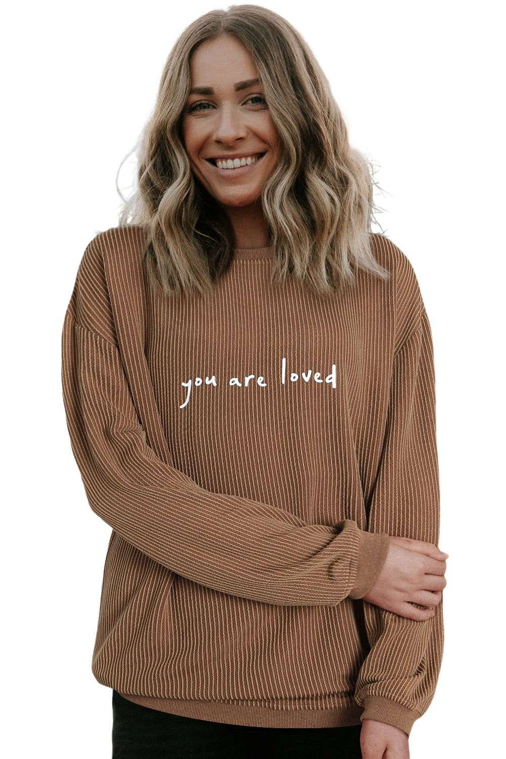 Khaki You Are Loved Print Crinkle Rib Sweatshirt - Vesteeto