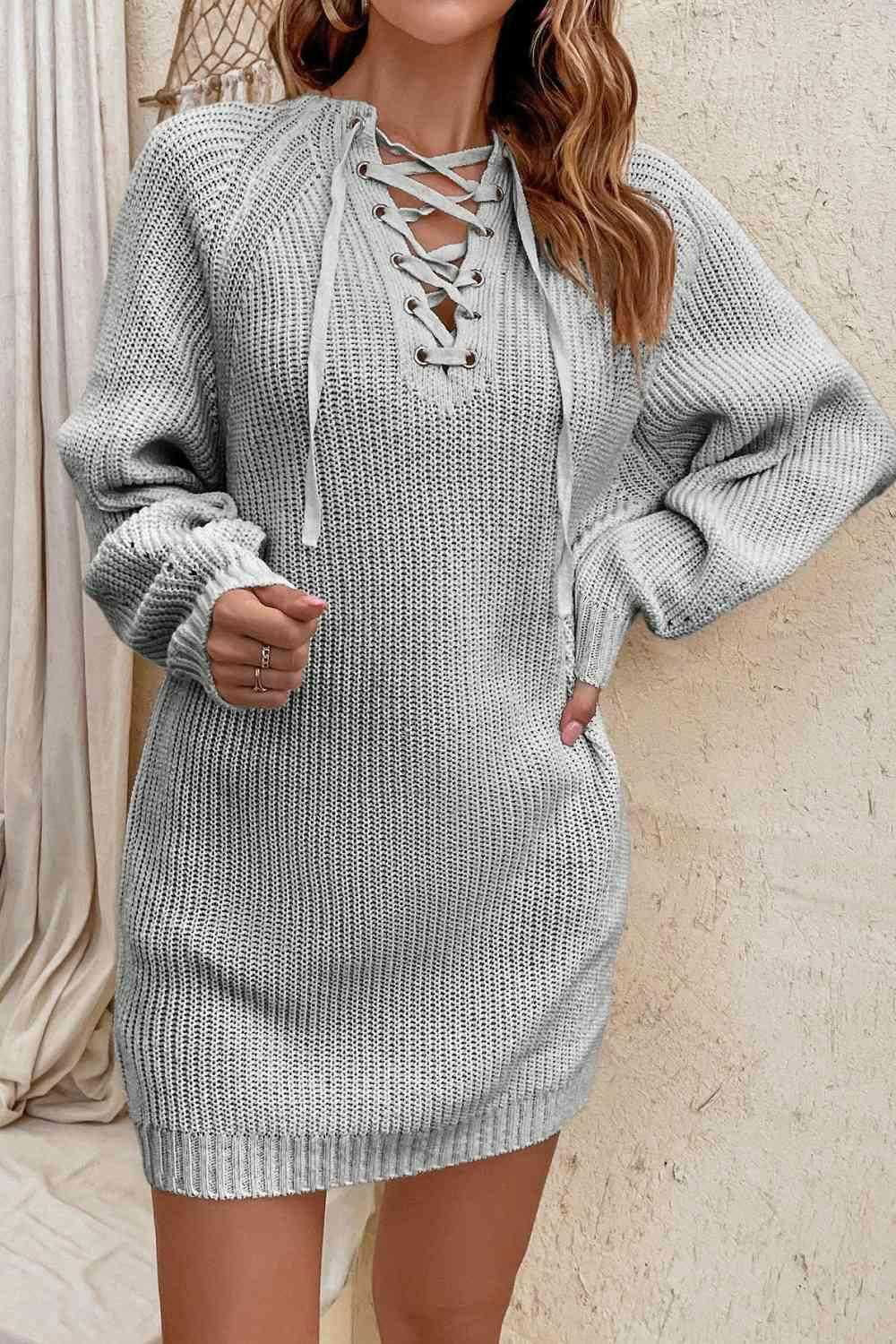 Lace-Up Mini Sweater Dress - Vesteeto