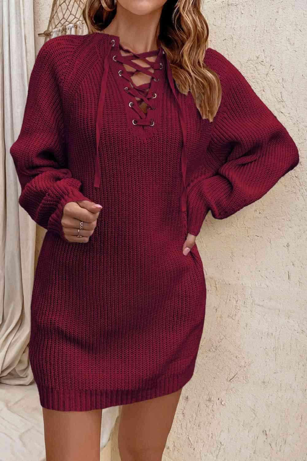 Lace-Up Mini Sweater Dress - Vesteeto