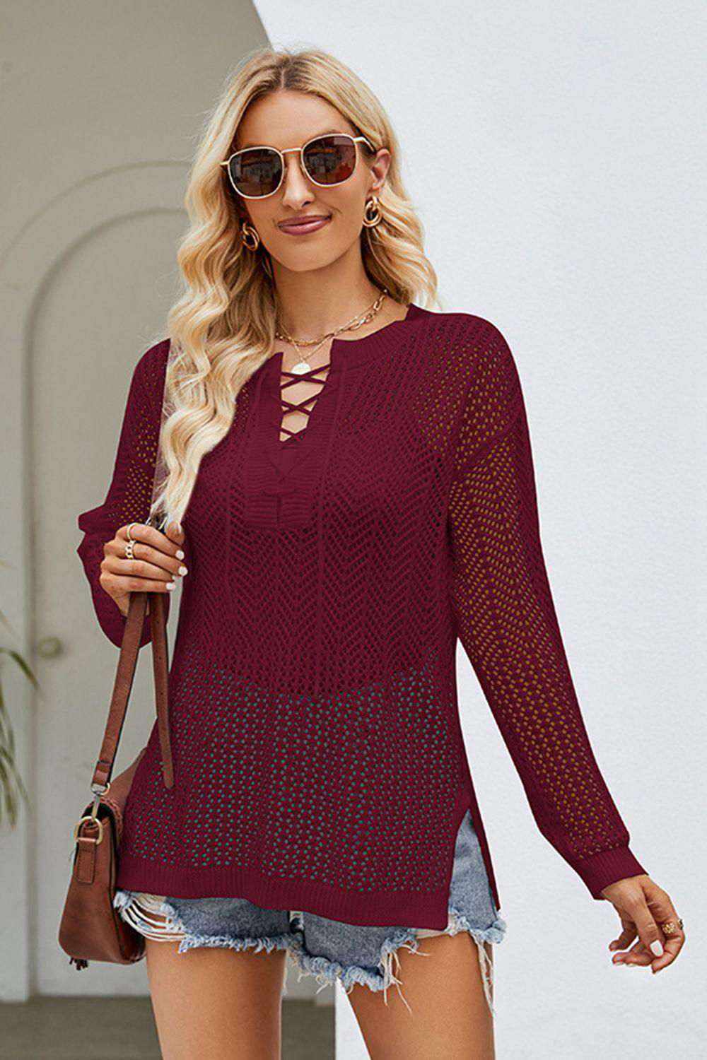 Lace-Up Slit Knit Top - Vesteeto