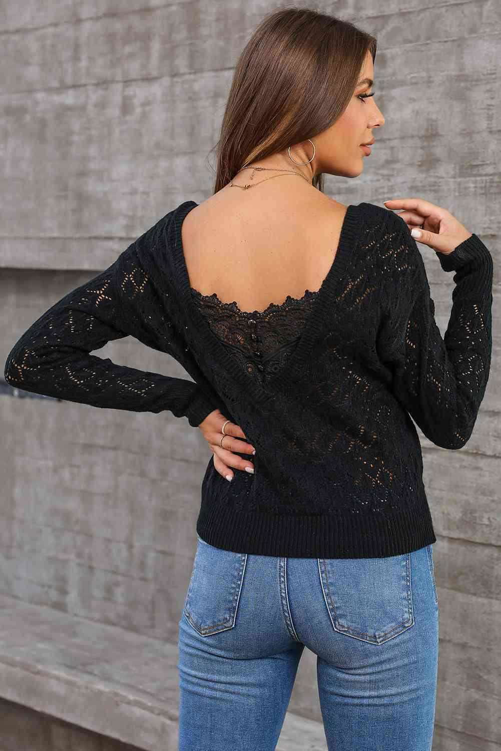 Lace Detail Openwork Knit Top - Vesteeto