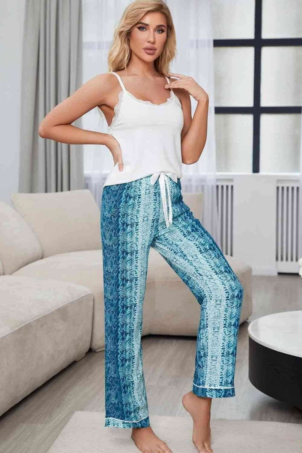 Lace Trim Cami and Snakeskin Pants Lounge Set - Vesteeto