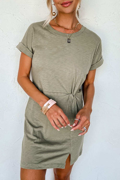 Laurel Green Folded Sleeve Twisted Mini T-Shirt Dress - Vesteeto