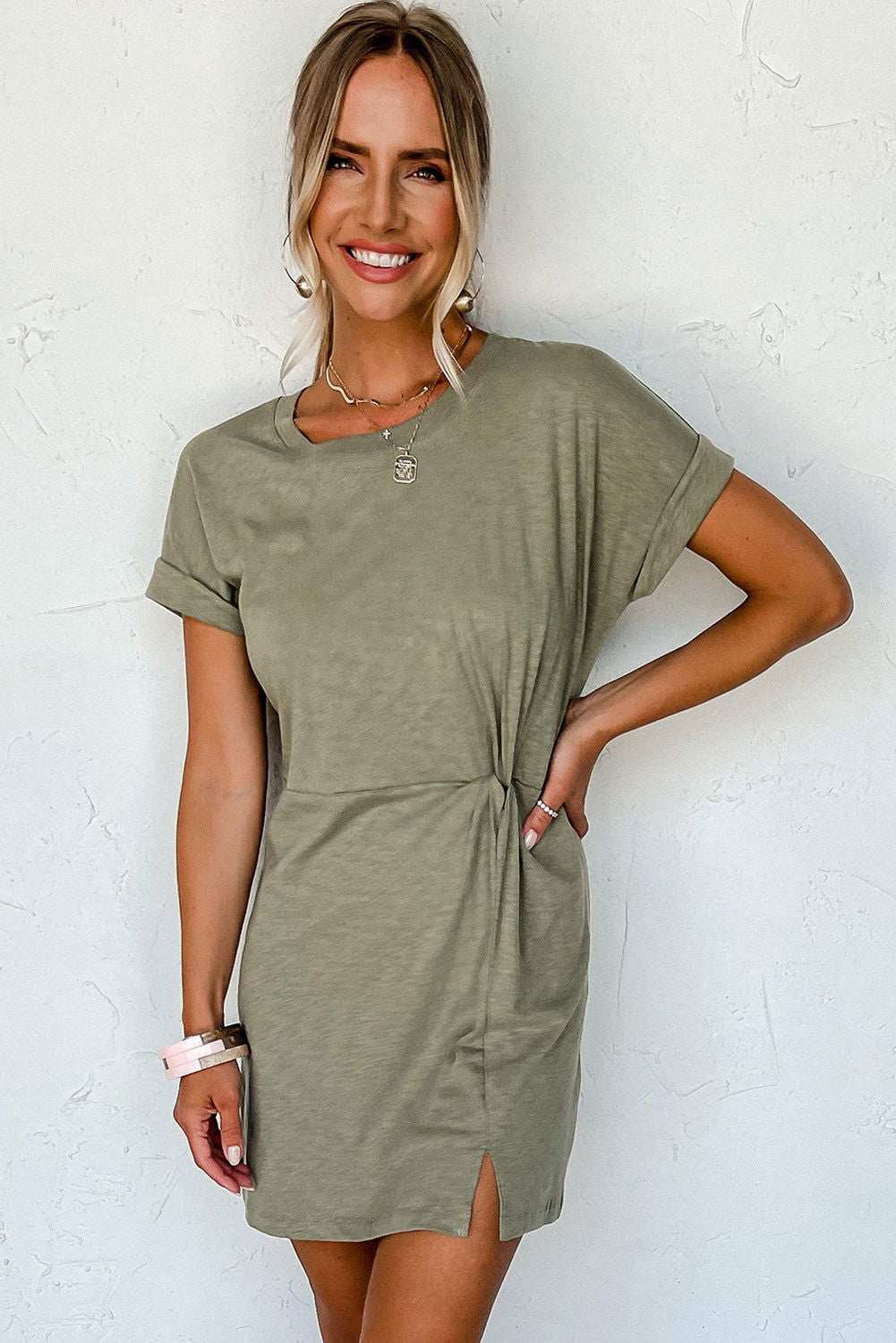 Laurel Green Folded Sleeve Twisted Mini T-Shirt Dress - Vesteeto