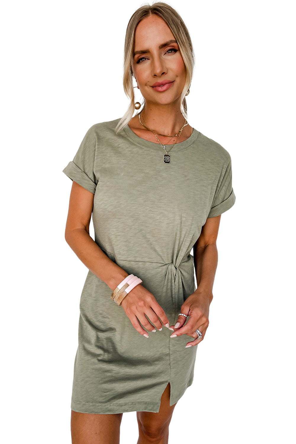 Laurel Green Folded Sleeve Twisted Mini T-Shirt Dress - Vesteeto