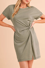 Laurel Green Folded Sleeve Twisted Mini T-Shirt Dress - Vesteeto