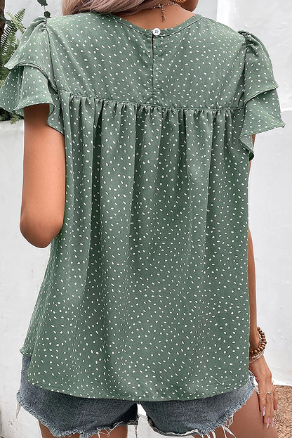 Laurel Green Spotted Print Pleated Ruffle Sleeve Blouse - Vesteeto