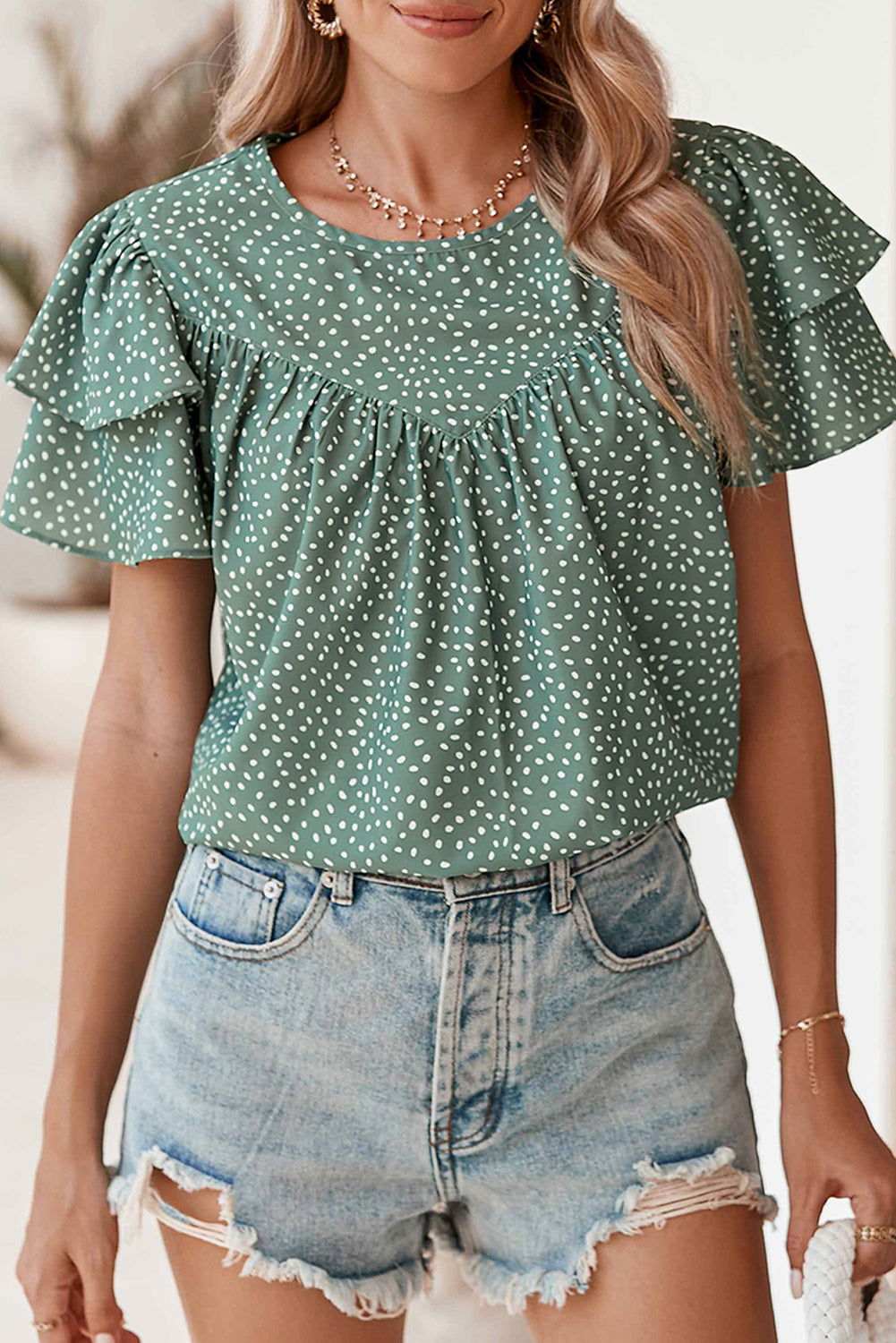 Laurel Green Spotted Print Pleated Ruffle Sleeve Blouse - Vesteeto