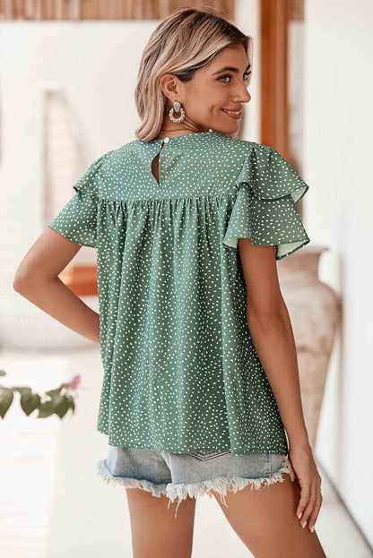 Laurel Green Spotted Print Pleated Ruffle Sleeve Blouse - Vesteeto