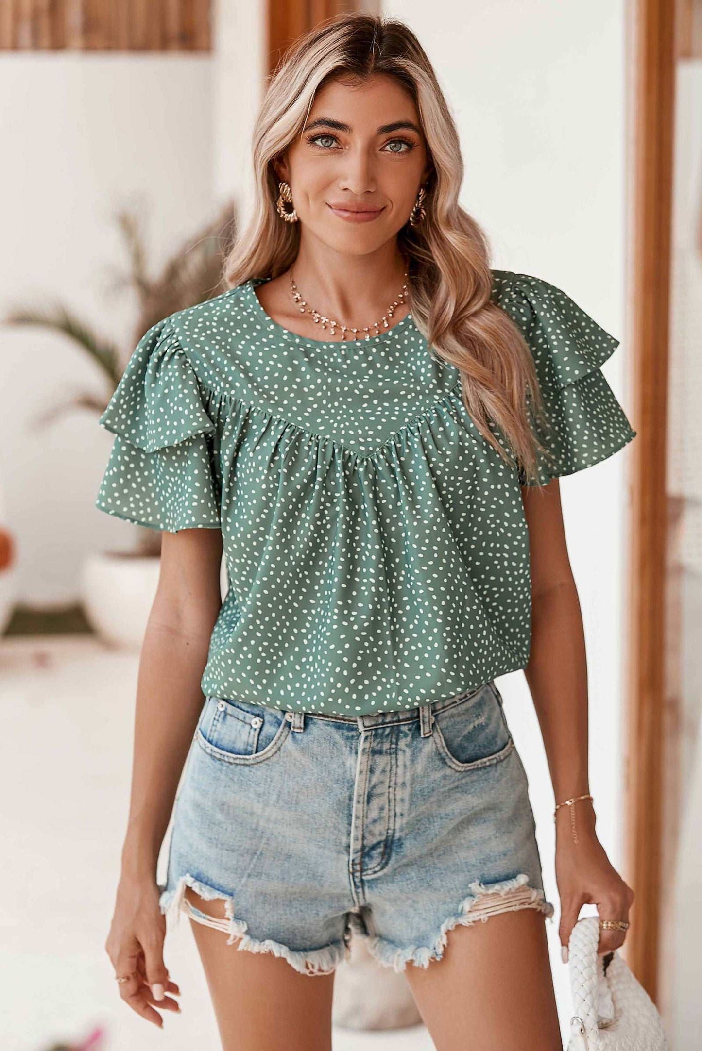 Laurel Green Spotted Print Pleated Ruffle Sleeve Blouse - Vesteeto