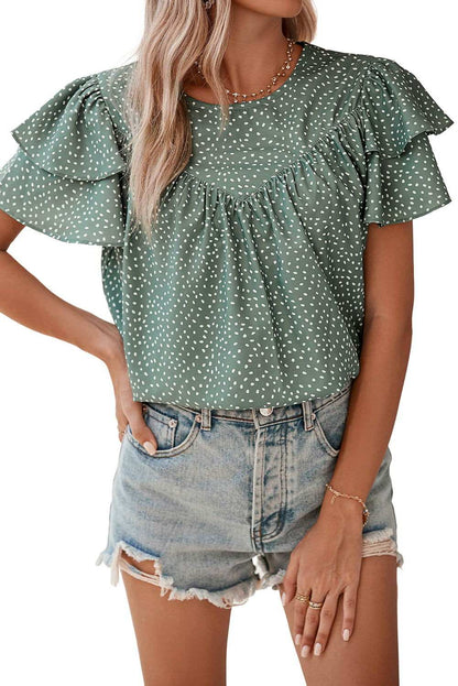 Laurel Green Spotted Print Pleated Ruffle Sleeve Blouse - Vesteeto