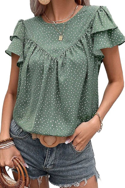 Laurel Green Spotted Print Pleated Ruffle Sleeve Blouse - Vesteeto