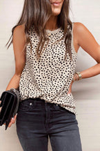 Leopard Contrast Trim Casual Round Neck Tank Top - Vesteeto